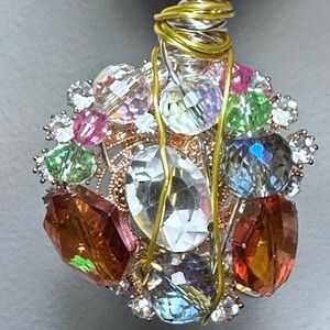 Handmade Multicolor Glass Beaded Wire-Wrapped Pendant Necklace Collage Cluster